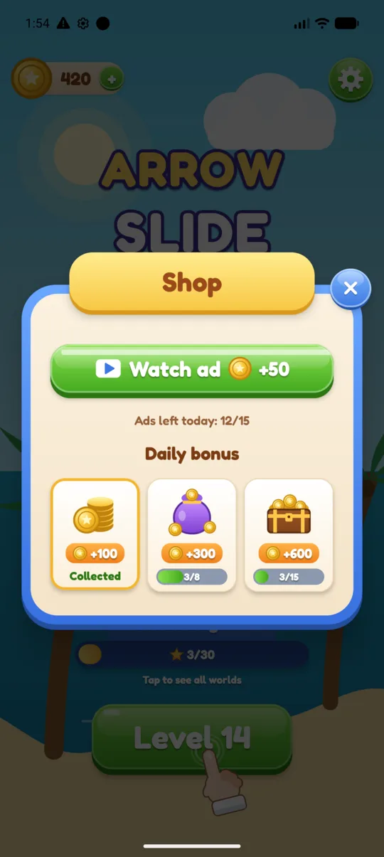 The Arrow Slide shop with daily coin bonuses